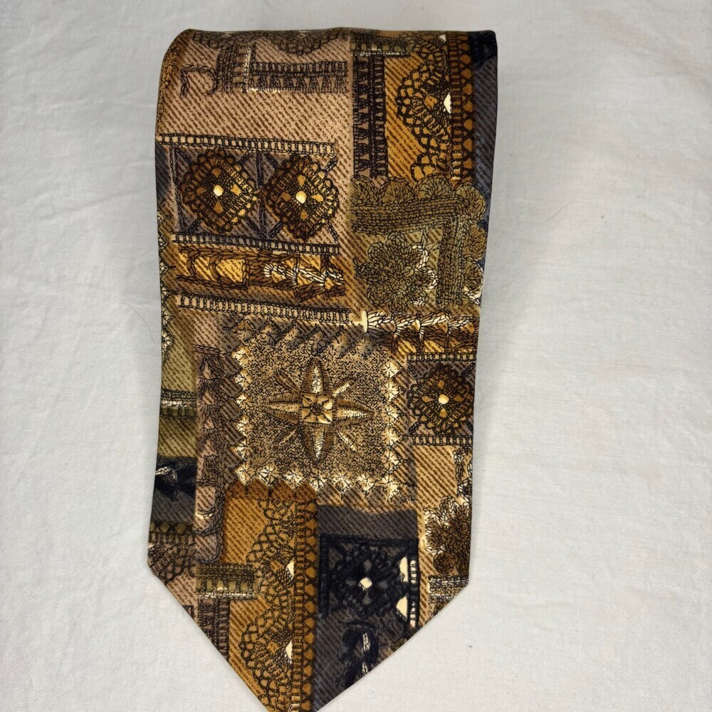 JEREMY BOSTON Company 100% Silk Sandwasher Mens Necktie Tan Blue Classic